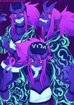 athletic athletic_female athletic_humanoid black_eyebrows black_sclera blue_tongue bodypaint choker claws clothed clothing eyebrows eyeshadow fangs female female_humanoid grin grinning_at_viewer hair hat headgear headwear hood_down horn humanoid_pointy_ears jacket jewelry long_tongue looking_at_viewer makeup monsterfied multiple_poses necklace open_clothing open_jacket open_mouth open_smile open_topwear pointy_ears ponytail pose purple_background purple_body purple_hair purple_skin sharp_teeth simple_background smile solo teeth tongue tongue_out topwear yellow_eyes guttertongue asian_mythology east_asian_mythology japanese_mythology k/da league_of_legends mythology riot_games tencent akali_(lol) demon humanoid oni yokai