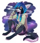 black_body black_fur black_nose blue_hair breasts clothed clothing female fur hair hoodie open_mouth simple_background sitting smile solo teeth topwear white_body white_fur yellow_eyes citrinelle canid canine canis domestic_dog mammal 2017 digital_media_(artwork) hi_res