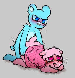 anthro blue_body blue_eyes blush bodily_fluids clothed clothing crossdressing crying duo pink_body sex simple_background tears sxckbug unicorn_wars azulin_(unicorn_wars) gordi_(unicorn_wars) bear mammal 2023 brother_(lore) brothers_(lore) incest_(lore) sibling_(lore)