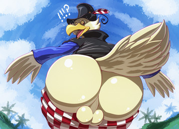 anthro backsack balls beak big_butt bottomwear bottomwear_down butt clothed clothing feathers genitals hat headgear headwear male open_beak open_mouth outside pants pants_down partially_clothed solo surprised white_body white_feathers klent one_piece morgans_(one_piece) albatross avian bird procellariiform absurd_res hi_res