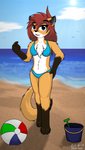 anthro ball beach beach_ball bikini blue_bikini blue_clothing blue_swimwear bucket clothing cloud container day female hair inflatable sand seaside sky solo swimwear two-piece_swimsuit jknewlife sara_aria canid canine fox mammal 9:16 hi_res