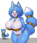 accessory anthro big_breasts bikini blue_body blue_eyes blue_fur blue_hair bottomwear breasts choker circlet clothed clothing curvy_figure fangs female fur furgonomics gold_(metal) gold_jewelry hair huge_breasts jewelry looking_at_viewer markings multicolored_body multicolored_fur necklace nipple_slip nipples pendant pink_nipples pubic_tattoo ring seductive solo swimwear tail tail_accessory tail_jewelry tail_ring tattoo teeth text_tattoo thick_thighs tongue tongue_out two-piece_swimsuit two_tone_body two_tone_fur voluptuous white_body white_fur white_tattoo nightlycatgirl dinosaur_planet nintendo rareware star_fox krystal_(dinosaur_planet) krystal_(star_fox) canid canine domestic_cat felid feline felis fox mammal hi_res