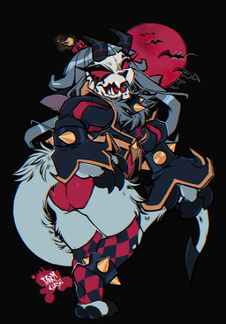 alternative_fashion anklet anthro black_background blue_hair bone bracelet candle_on_head claws clothing clown_costume collar female finger_claws fluffy fluffy_tail goth hair harlequin harlequin_goat horn jewelry klaha legband legwear makeup multiple_piercings piercing red_sclera running_makeup sharp_teeth simple_background skull skull_head solo spiked_anklet spiked_bracelet spiked_collar spiked_legband spikes stockings tail teeth wormcurse belphegor bat bovid caprine caprine_demon demon goat goat_demon hybrid mammal absurd_res hi_res