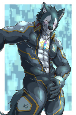 anthro blush bulge chest_gem collar gem holding_bulge machine male shoulder_pads solo spandex_suit zipped_down hiei0221 lifewonders tokyo_afterschool_summoners breke_(tas) android canid canine canis mammal robot wolf 2:3 absurd_res hi_res