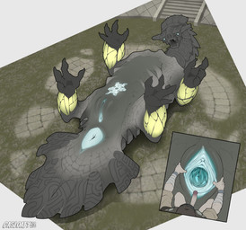 anus big_anus blue_anus blue_internal claws clitoris duo female feral gaping gaping_vagina genitals grey_body kneeling lying male on_back open_mouth paws plump_labia questionable_consent raised_paw ribs scales size_difference smaller_male solo spread_vulva spreading stairs vulva womb_tattoo yellow_legs casloafy jewish_mythology mythology shadow_of_the_colossus kuromori_(shadow_of_the_colossus) human mammal mythological_creature mythological_golem absurd_res hi_res signature