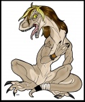 ambiguous_gender anthro bandage biped black_border border bracelet brown_hair claws hair jewelry long_hair naturally_censored nude open_mouth simple_background sitting solo star tail tattoo teeth white_background yellow_eyes zeriara dinosaur dromaeosaurid prehistoric_species reptile scalie theropod velociraptor 5:6