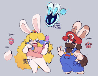anthro arms_bent blonde_hair blue_clothing blue_ear_piercing blue_eyes blue_overalls body_hair bottomless bottomless_anthro bottomless_female breasts brown_eyebrows brown_facial_hair brown_hair brown_inner_ear_fluff brown_markings brown_mustache brown_tail buckteeth button_(fastener) chest_hair clothed clothed_anthro clothed_female clothed_male clothing crown ear_piercing eyebrow_through_hat eyebrows facial_hair featureless_crotch female female_anthro flying fur fur_markings gem gesture grey_background group hair hand_gesture hand_on_hip hand_on_own_hip headgear inner_ear_fluff limbless long_ears long_hair looking_at_viewer machine male male_anthro markings medium_hair mitten_hands multicolored_body multicolored_fur mustache no_pupils noseless open_mouth open_smile overalls pawpads piercing pink_clothing pink_pawpads pink_shirt pink_topwear pockets red_mouth ruby_(gem) sapphire_(gem) screen screen_face scut_tail seam_(sewing) shirt shirtless_anthro shirtless_male short_tail simple_background smile standing tail tan_body tan_inner_ear tan_skin tan_tail teeth text thumbs_up topwear trio tuft two_tone_body two_tone_fur two_tone_tail white_body white_fur white_tail sillyhog mario_bros mario_plus_rabbids_kingdom_battle nintendo raving_rabbids rayman_(series) ubisoft beep-0 rabbid_mario rabbid_peach lagomorph mammal rabbid robot 2026 artist_name colored crossover digital_drawing_(artwork) digital_media_(artwork) english_description english_text hi_res shaded male_(lore)
