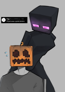 black_body breasts clothed clothing duo featureless_breasts female food fruit glowing glowing_eyes grey_clothing grey_shirt grey_topwear larger_female looking_at_another looming male not_furry nude nude_female plant pumpkin purple_eyes shirt simple_background size_difference square_(anatomy) square_head text topwear kaiartis microsoft minecraft mojang twitter xbox_game_studios anon enderman human humanoid mammal absurd_res digital_media_(artwork) english_text hi_res shaded simple_shading