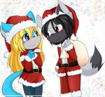 anthro bag blonde_hair blue_body blue_fur blue_tail christmas_clothing christmas_headwear clothing cosplay costume female fur grey_body grey_fur hair hat headgear headwear holidays male male/female romantic romantic_couple santa_costume santa_hat smile tail young clyndemoon christmas laguna_(blackcrow) steve_blackcrow canid canine canis felid humanoid mammal pantherine wolf absurd_res hi_res