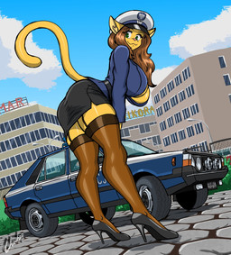 anthro belt belt_buckle belt_pouch bottomwear breasts brown_hair buckle car clothing ears_down eyebrows eyelashes female footwear fur green_eyes hair hat headgear headwear high_heels leaning leaning_forward legwear long_eyelashes open_mouth pivoted_ears poland police police_car police_hat police_officer police_uniform police_vehicle polish_people's_republic shoes skirt smile smiling_at_viewer solo tail thigh_highs uniform vehicle wearing_hat yellow_body yellow_fur chisheq fso_polonez aneta_(chisheq) domestic_cat felid feline felis mammal hi_res