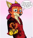 anthro blue_eyes clothing fire fur hair male orange_body orange_fur pawpads purple_hair shirt solo text topwear yellow_body yellow_fur ziegelzeig bad_guy_cafe fire_(firefox) canid canine fox mammal 2024 english_text