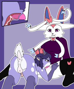 5_fingers all_fours anatomically_correct anatomically_correct_genitalia anatomically_correct_penis animal_genitalia animal_penis anthro anus backsack balls bodily_fluids bow_accessory bow_ribbon butt canine_genitalia canine_penis clothing cum cum_in_mouth cum_in_throat cum_inside cum_on_penis cumshot drinking drinking_cum duo ejaculation eye_contact fingers footwear genital_fluids genitals hair hand_on_head hat head_push headgear headwear horn internal internal_fellatio internal_oral leg_markings looking_at_another looking_down looking_down_at_another looking_down_at_partner looking_up_at_another looking_up_at_partner male male/male markings oral oral_penetration penetration penis presenting presenting_hindquarters puffy_anus purple_hair pushing_head raised_tail rear_view ribbons_(anatomy) sheath sitting socks socks_(marking) spots spotted_markings sweater tail topwear turtleneck young young_anthro young_male conditional_dnp remruff nintendo pokemon lukeribbonz bovid caprine eeveelution generation_6_pokemon goat mammal pokemon_(species) sylveon 5:6 hi_res