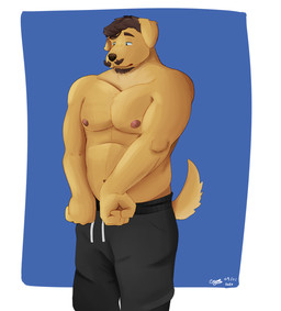 anthro beard bottomwear brown_body brown_fur clothed clothing embarrassed facial_hair fur hair male musclegut muscular muscular_male mustache nipples pants pec_squish pecs simple_background slightly_chubby slightly_chubby_male solo squish stocky sweatpants text emyr_minotaur bird_dog canid canine canis domestic_dog golden_retriever hunting_dog mammal retriever digital_media_(artwork) hi_res shaded