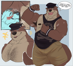 anthro armpit_sniffing blush body_hair chest_hair clothing cutaway duo ear_piercing ear_ring flexing flexing_bicep furgonomic_piercing furgonomics inviting male muscular muscular_male musk piercing presenting_armpit ring_piercing shirt skull_and_crossbones sniffing tank_top text tongue tongue_out topwear wristband thediyemi canid canine mammal mustelid otter english_text hi_res