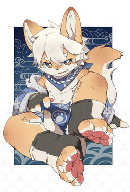 4_toes anthro asian_clothing black_clothing black_gloves black_handwear blue_eyes bottomwear clothed clothing east_asian_clothing etchu_fundoshi feet fingerless_gloves front_view fundoshi gloves hair handwear japanese_clothing kemono kerchief loincloth male navel open_clothing open_robe pawpads raised_leg red_pawpads robe simple_background sitting smile smirk solo toes underwear white_hair yellow_body young zhongs2011 canid canine fox mammal