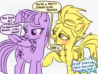 blush dialogue duo female feral flirting horn inner_ear_fluff offscreen_character open_mouth simple_background text tuft wings sparkpples friendship_is_magic hasbro my_little_pony mythology spitfire_(mlp) twilight_sparkle_(mlp) wonderbolts_(mlp) equid equine mammal mythological_creature mythological_equine pegasus winged_unicorn 4:3 english_text hi_res
