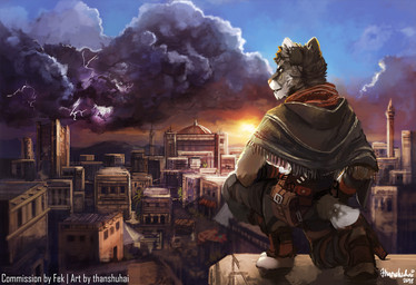 anthro black_body black_fur bottomwear city clothed clothing day detailed_background electricity footwear fur grey_body grey_fur lightning male outside pants shirt sky solo storm_clouds sunset topwear thanshuhai cricket_talot domestic_cat felid feline felis leopard mammal pantherine 2018 digital_media_(artwork) digital_painting_(artwork) painting_(artwork)