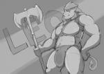 anthro axe bottomwear bulge clothed clothing fur grey_background hand_on_hip loincloth male mane melee_weapon muscular muscular_anthro muscular_male simple_background solo standing topless weapon sidekick leo_(sidekick) felid lion mammal pantherine monochrome