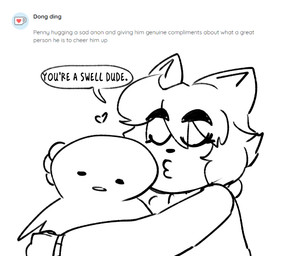 anthro ask_blog clothed clothing duo eyes_closed female hair heart_symbol hoodie hug kissing male short_hair simple_background speech_bubble text topwear white_background anaugi anon penny_(anaugi) domestic_cat felid feline felis humanoid mammal 2020 english_text monochrome sketch
