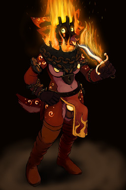 anthro armor balls bioluminescence boots bottomwear breasts bulge chain clothed clothing dagger elemental_manipulation erection facial_piercing fire fire_manipulation footwear genitals glowing glowing_genitalia glowing_nipples glowing_penis gynomorph intersex knot lock loincloth markings mask melee_weapon nipples nose_piercing penis piercing shoes solo tenting tongue topless weapon hladilnik warhammer_(franchise) warhammer_fantasy canid canine demon elemental_creature fire_creature mammal 2:3 hi_res trans_(lore) trans_woman_(lore)