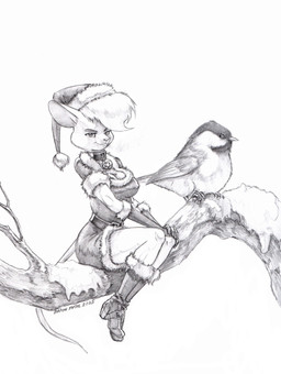 ambiguous_gender anthro bell bell_collar boots breasts christmas_clothing christmas_headwear cleavage clothed clothed_anthro clothed_female clothing collar dress duo feathered_wings feathers female feral footwear fur gloves hair handwear hat headgear headwear holidays micro nipple_outline santa_dress santa_hat shoes snow tail wings baron_engel christmas petina_demouse avian bird chickadee mammal mouse murid murine oscine passerine rodent tit_(bird) 2025 greyscale hi_res monochrome