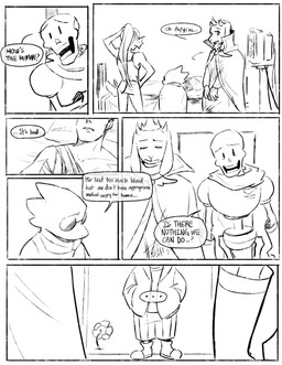 anthro bandage bandaged_chest bed bone clothed clothing dialogue doorway duo dying eyewear female furniture glasses group male skeleton solo speech_bubble text trio wounded newnap undertale undertale_(series) alphys flowey_the_flower papyrus_(undertale) sans_(undertale) toriel undyne animated_skeleton aquatic boss_monster_(undertale) bovid caprine fish goat human mammal monster scalie undead comic english_text hi_res monochrome