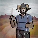 anthro beard clothing desert drugs facial_hair hoodie male smoking solo topwear chazthewolf echo_(game) echo_(series) echo_project carl_hendricks bovid caprine mammal sheep 1:1