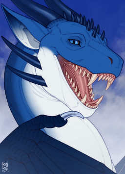 ambiguous_feral ambiguous_gender blue_body blue_eyes blue_horn cheek_horn feral glistening glistening_eyes head_spikes horn looking_at_viewer membrane_(anatomy) membranous_wings mouth_shot open_mouth pink_tongue pupils side_view slit_pupils solo spikes spikes_(anatomy) tongue white_body wings riorix mythology dragon mythological_creature mythological_scalie scalie 2024 dated hi_res