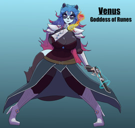 annoyed anthro armor bottomwear breasts cleavage clothed clothing facial_tattoo female fire flower forehead_tattoo gauntlets gloves gunblade hair handwear magic_user plant rose_(flower) skirt solo tattoo warrior weapon mara_the_ravenous venus_(gremlin21591) deity mammal mephitid skunk absurd_res hi_res