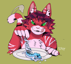 >_< ambiguous_feral ambiguous_gender anthro black_horn black_spikes blue_hair blue_horn blue_mane blue_nose blue_spikes blue_tongue breath cheek_tuft chest_tuft countershading duo eyes_closed facial_tuft fangs female female_anthro feral fingerless_(marking) fur green_background grey_body grey_ears grey_fur hair holding_fork horn imminent_vore licking licking_lips licking_own_lips mane multicolored_body multicolored_ears multicolored_fur multicolored_horn narrowed_eyes pink_body pink_countershading pink_fur pink_nose pink_tail pink_tongue plate purple_hair red_body red_ears red_fur red_tail simple_background smile spiked_tail spikes spikes_(anatomy) tail tail_around_object teeth text tongue tongue_out tuft two_tone_body two_tone_ears two_tone_fur two_tone_horn two_tone_spikes white_text birdpaw_(artist) mythology domestic_cat dragon eastern_dragon felid feline felis furred_dragon furred_scalie mammal mythological_creature mythological_scalie scalie 2025 artist_name dated digital_drawing_(artwork) digital_media_(artwork) hi_res