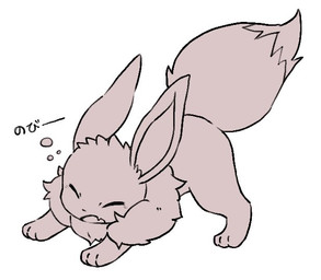 ambiguous_gender eyes_closed feral fluffy fluffy_tail neck_tuft open_mouth simple_background solo stretching tail text tuft white_background yakiniku628 nintendo pokemon eevee generation_1_pokemon pokemon_(species) japanese_text monochrome