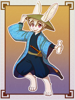 4_toes anthro asian_clothing bottle clothed clothing container digitigrade east_asian_clothing feet hindpaw japanese_clothing kimono male melee_weapon open_mouth pattern_background paws samurai simple_background solo sword toes warrior weapon jamesfoxbr lagomorph leporid mammal rabbit 2020 digital_media_(artwork) hi_res shaded