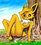 3_toes anthro black_claws black_sclera breasts chest_tuft claws featureless_breasts featureless_crotch feet female fur gesture grass hand_above_head hand_gesture looking_at_viewer nude plant pupils sitting sky smile solo toes tree tuft v_sign white_body white_fur white_pupils yellow_body yellow_fur nikku_lunatique nintendo pokemon eeveelution generation_1_pokemon jolteon mammal pokemon_(species) hi_res