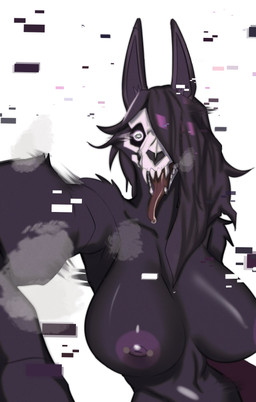 anthro big_breasts black_body black_fur black_hair bodily_fluids bone breasts fangs female foreshortening fur glitch hair hair_over_eye huge_breasts nipple_piercing nipples one_eye_obstructed perspective piercing saliva sharp_teeth simple_background skull skull_head solo teeth tongue tongue_out rolling_beast scp_foundation scp-1471-a canid malo mammal absurd_res hi_res