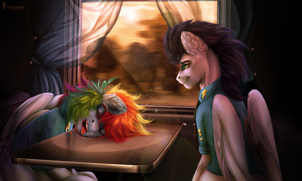 bodily_fluids clothing collared_shirt dress_shirt drooling duo female feral happy inside_train male male/female saliva shirt sleeping smile sunset topwear train traveling vehicle wings friendship_is_magic hasbro my_little_pony mythology rainbow_dash_(mlp) soarin_(mlp) wonderbolts_(mlp) equid equine horse mammal mythological_creature mythological_equine pegasus pony