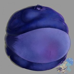 anthro belly big_breasts blue_body blue_fur blue_hair blueberry_inflation breasts clothed clothing exposed_belly female fur hair hyper hyper_inflation immobile inflation logo navel solo spherical_inflation sunken_limbs swollen_cheeks text trashpandajazz canid canine fox mammal 1:1 artist_logo artist_name hi_res