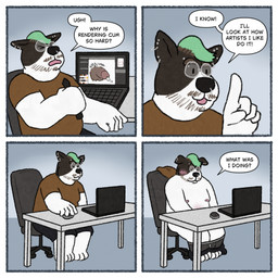 anthro balls black_nose bodily_fluids bottomwear clothing computer cum dialogue electronics eyewear genital_fluids genitals glasses male nipples penis shirt shorts sitting slightly_chubby solo text topwear kubberbubber canid canine canis domestic_dog mammal 1:1 2026 comic english_text hi_res