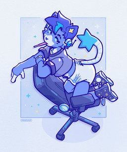 abstract_background anthro blue_body blue_fur blue_sclera chair clean_diaper clothed clothing diaper electronics food footwear fur furniture headphones looking_at_viewer male pattern_background shoes simple_background solo star-shaped_background star_pattern star_polygon swivel_chair text wearing_diaper spacefluuuf pocky domestic_cat felid feline felis mammal 2025 digital_media_(artwork) hi_res signature