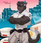 anthro big_muscles bottomwear bulge city city_background cityscape clothing crossed_arms eyewear frown looking_at_viewer male motor_vehicle motorcycle muscular pants police police_motorcycle police_vehicle solo sunglasses tight_bottomwear tight_clothing tight_pants uniform vehicle wolfybuns felid feline mammal hi_res