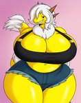 anthro big_breasts bottomwear breasts cleavage clothed clothing female hair huge_breasts sharp_teeth shorts solo tail teeth white_hair wide_hips yellow_body gigardrawz mythology raea_(gigar) dragon mythological_creature mythological_scalie scalie hi_res