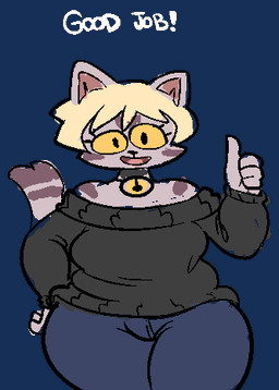 anthro bell bell_collar blonde_hair bottomwear breasts clothing collar denim denim_bottomwear denim_clothing female gesture grey_clothing grey_sweater grey_topwear hair hand_gesture jeans looking_at_viewer pants short_hair smile smiling_at_viewer solo standing sweater tail text thick_thighs thumbs_up topwear yellow_sclera newtype_hero paula_(newtype_hero) domestic_cat felid feline felis mammal alpha_channel low_res
