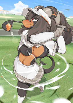 5_fingers anthro areola autolactation biped bodily_fluids bottomwear breasts clothing cloud countershade_torso countershading day exposed_breasts female fingers footwear front_view fur gloves golf_club grey_body grey_fur grey_hair grey_tail hair handwear hat headgear headwear holding_golf_club horn lactating nipples outside red_eyes shoes skirt sky socks solo standing tail zinfyu nintendo pokemon generation_2_pokemon houndoom pokemon_(species) 2025 absurd_res digital_drawing_(artwork) digital_media_(artwork) hi_res