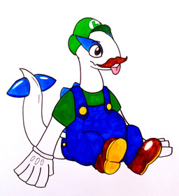 ambiguous_gender clothed clothing cosplay facial_hair feral footwear gloves handwear hat headgear headwear humor mustache overalls pun shoes simple_background sitting solo tail text text_on_clothing text_on_hat text_on_headwear tongue tongue_out visual_pun what white_background glury_the_unown mario_bros nintendo pokemon luigi generation_2_pokemon legendary_pokemon lugia pokemon_(species) absurd_res hi_res traditional_media_(artwork)