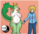 absurd_res anthro areola belly big_areola big_belly big_breasts big_nipples biped blonde_hair blue_eyes blush bottomwear breasts clothed clothed/nude clothed_male clothing digital_drawing_(artwork) digital_media_(artwork) duo embarrassed english_text eyebrows female fingers generation_5_pokemon genitals green_areola green_body green_nipples green_pussy hair hand_holding heart_symbol hi_res human humanoid interspecies inverted_nipples jacket male mammal navel nintendo nipples nude outie_navel pokemon pokemon_(species) pregnant pregnant_anthro pregnant_female pussy reptile scalie seikatsueclipse serperior simple_background smile standing tail text thick_thighs topwear
