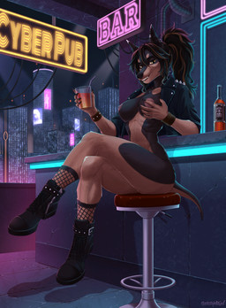 alcohol alcohol_bottle anthro areola bar bar_table beverage beverage_bottle black_body black_clothing black_footwear black_fur black_hair black_nose boots bottle bottomless bracelet breasts brown_body brown_fur brown_hair city clothed clothing container crossed_legs detailed_background ear_piercing ear_ring eyebrows eyelashes female fishnet_clothing fishnet_legwear footwear fur glass hair hand_on_breast holding_breast holding_object inside jacket jewelry legwear looking_at_viewer mostly_nude neon neon_lights neon_sign night nipples open_clothing open_topwear piercing pipe ring_piercing shoes sign sitting smile soft_lighting solo tail teeth text topwear yellow_eyes seraphimka canid canine canis dobermann domestic_dog mammal pinscher absurd_res digital_media_(artwork) hi_res shaded soft_shading