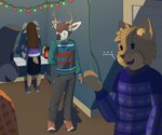 anthro antlers barefoot beverage christmas_clothing christmas_lights clothing feet female group holidays horn male sweater tail talking_to_another topwear dirty_the_thing christmas bovid canid canine canis caprine deer felid goat jaguar mammal mule_deer new_world_deer pantherine wolf absurd_res hi_res