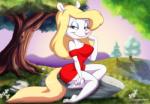 3_toes 4_fingers anthro bare_shoulders big_breasts biped blonde_hair breasts clothed clothing detailed_background dress eyelashes feet female fingers hair half-closed_eyes long_hair looking_at_viewer narrowed_eyes outside pink_nose short_dress sitting small_waist smile solo text toes creamytea animaniacs warner_brothers minerva_mink mammal mink mustelid musteline true_musteline 2017 digital_media_(artwork) hi_res url