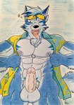 abs anthro balls barazoku blue_body blue_eyes blue_fur blue_hair clothed clothing erection eyewear eyewear_on_head fluffy fluffy_tail fur genitals hair happy inviting looking_at_viewer male markers markings muscular naughty_face nipples one_eye_closed open_clothing open_mouth open_shirt open_topwear partially_clothed pastels pecs penis prick_ears pubes sharp_teeth shirt solo star sunglasses sunglasses_on_head tail teeth tongue tongue_out topwear vein veiny_penis vest dashthefox lifewonders tokyo_afterschool_summoners tindalos_(tas) canid canine canis mammal wolf absurd_res hi_res traditional_media_(artwork)