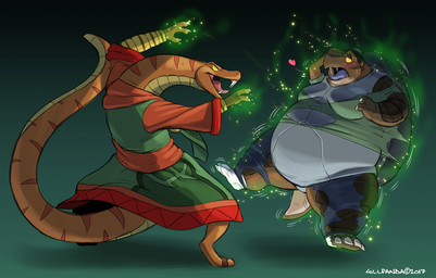 ambiguous_gender anthro belly blush breasts brown_body brown_scales claws clothed clothing duo eyewear female glasses hand_on_head heart_symbol human_to_anthro levitation looking_pleasured magic magic_user open_mouth open_smile overweight overweight_female robe scales shell smile species_transformation spell standing thick_thighs toe_claws tongue torn_clothing transformation weight_gain gillpanda human mammal reptile scalie snake turtle 2017 hi_res
