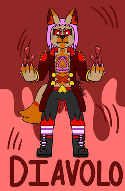 anthro blood blood_magic bodily_fluids boots clothing colored_nails detailed_background diavolo_(crumpet_fur) fangs fishnet_clothing footwear fur gold_(metal) hair heart_symbol legwear long_coat male nails pattern_clothing pattern_legwear pattern_stockings pink_hair pink_nails red_body red_eyes red_fur shoes solo stockings striped_clothing striped_legwear striped_stockings stripes tan_body teeth text crumpet_fur canid canine mammal vampire hi_res
